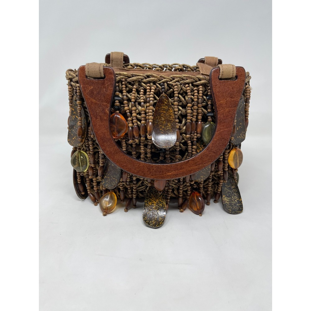 Cappelli Straworld Woven Beaded Handbag Wood Handles‎ Boho Bronze Brown Purse